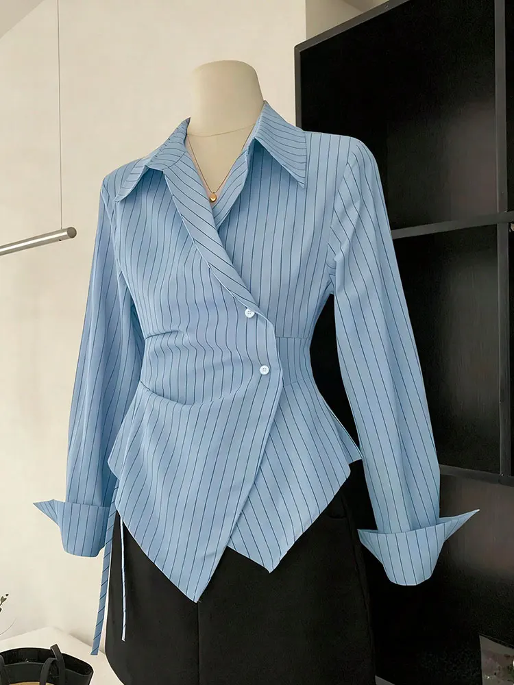 

Стильный универсальный топ в полоску с длинными рукавами, корейская рубашка с приталенной талией, тонкая синяя рубашка на пуговицах, весенне-осенняя повседневная женская одежда