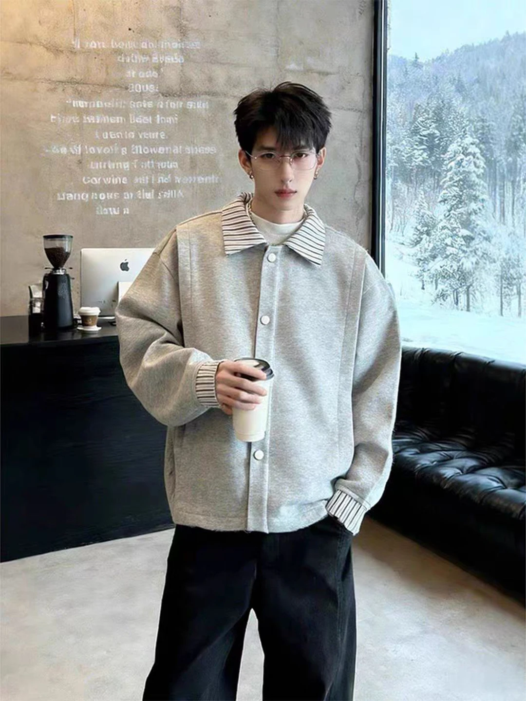 

American Retro Men's irt Casual Striped Patchwork Sweatirt Jaet ey Well-Fitting Breathable Long Sve irt