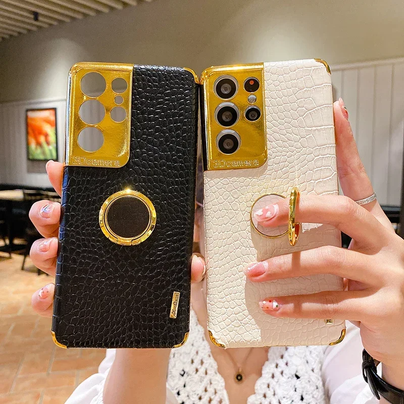 

Plating Crocodile Texture Phone Case For Samsung Galaxy S24 S23 S22 S21 FE Plus Ultra Note20 S10 Lite Magnetic Finger Ring Cover