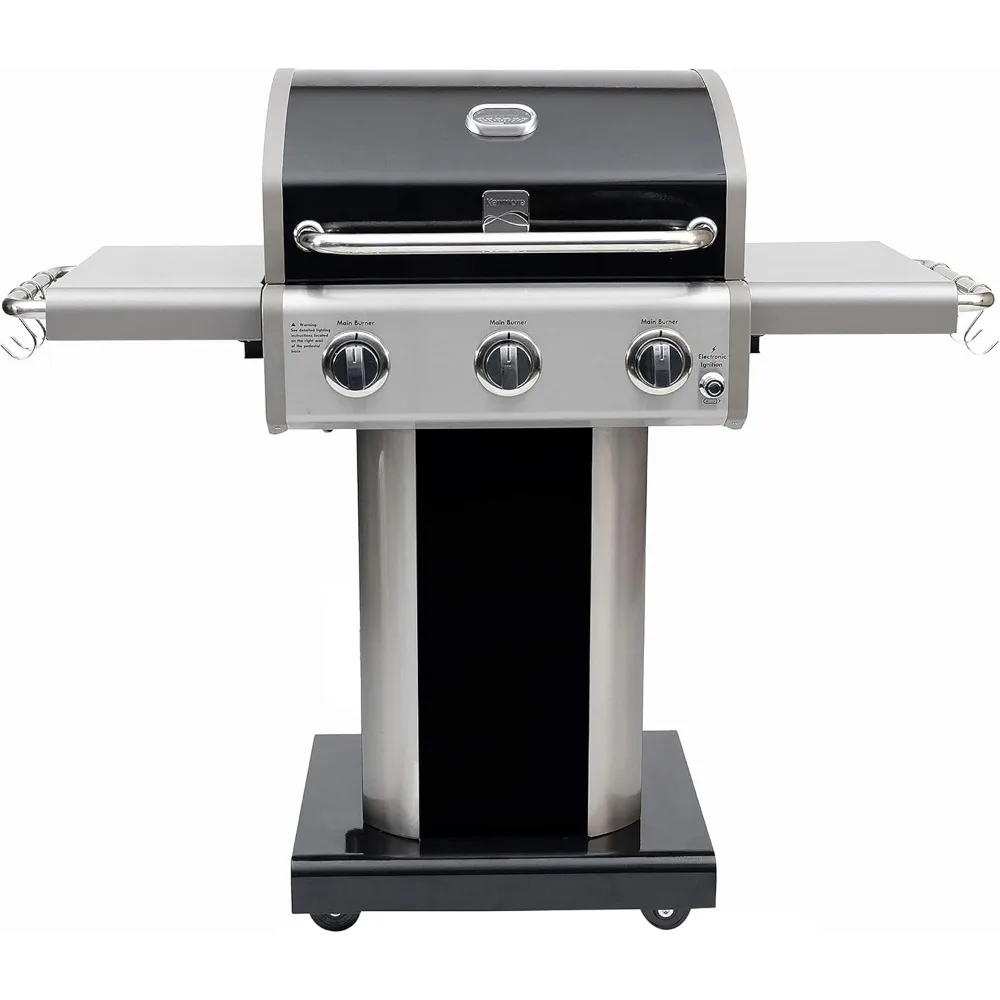 3-Burner Outdoor BBQ Grill, Liquid Propane Barbecue Gas Grills with Folding Sides, PG-A4030400LD, 30000 BTU, Pedestal Grill