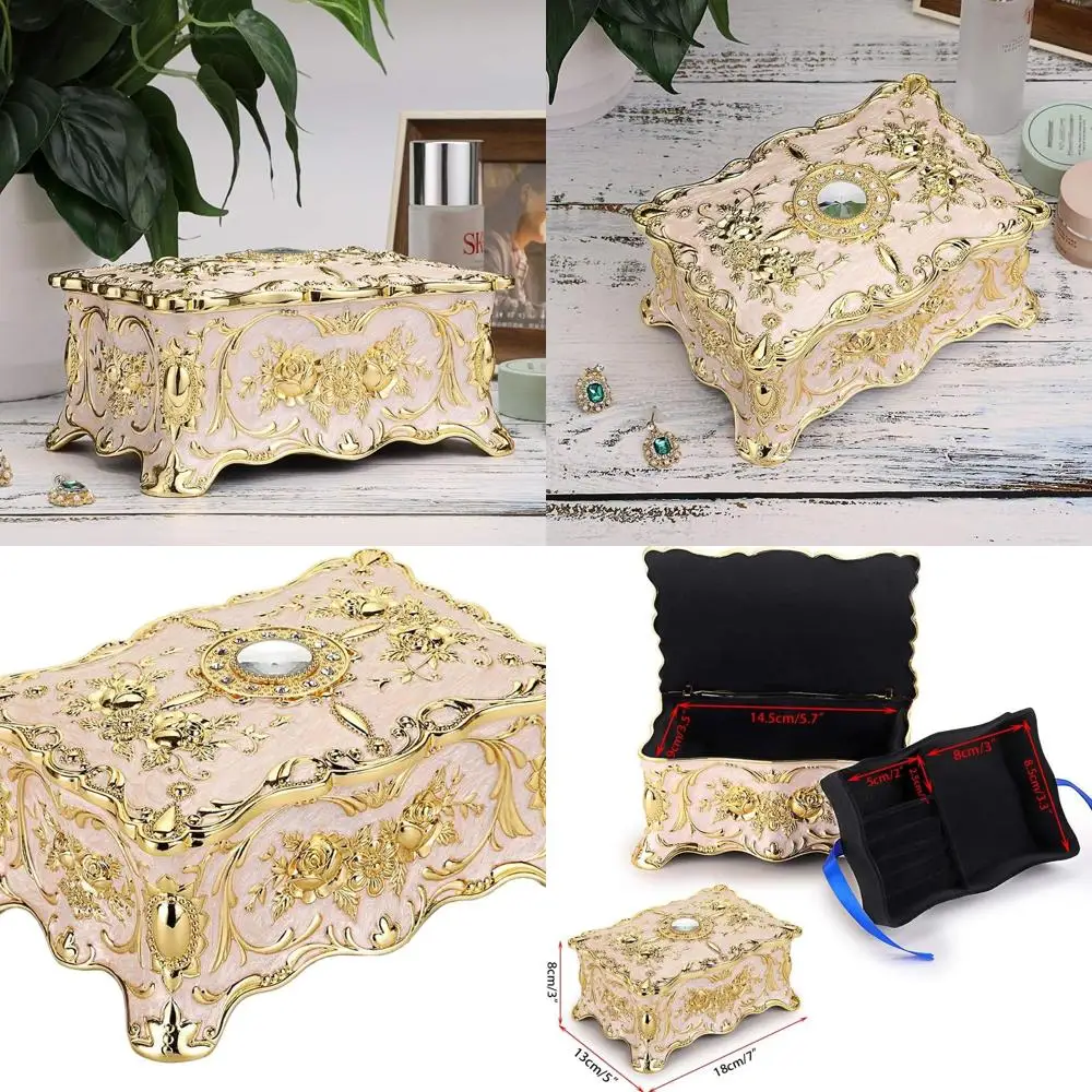 

Rectangular Vintage Metal Jewelry Box - 2-Tier Organizer with Decorative Treasure Chest Design, 7x5x3, Ideal Gift for Women