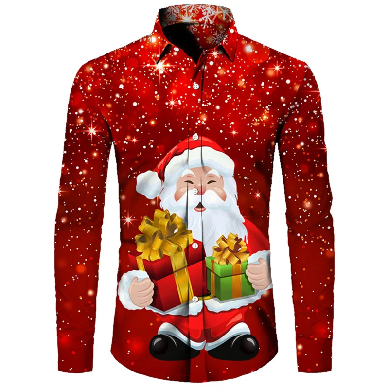 2024 Men's Fashion Merry Christmas Shirt Soft and Comfortable Elastic Button Lapel Shirt HD Realistic Pattern Shirt