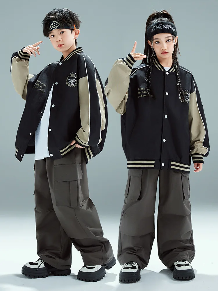 Kids Hip Hop Sets Mlb Letter Print Long Sleeve Jacket + Loose Pants Boys Street Dance Costume Girls Jazz Performance Suit