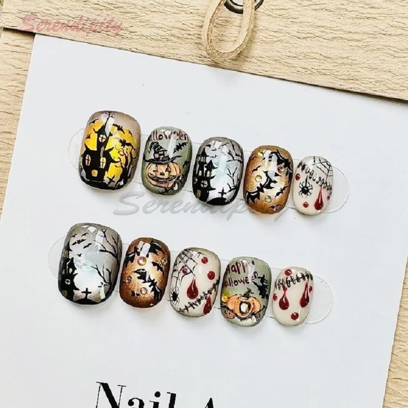 10Pcs Reusable Press On Nails Halloween Pumpkin Horror Short Fake Nails Cat Eye Glass Bead Transparent Detachable Wearable Nails