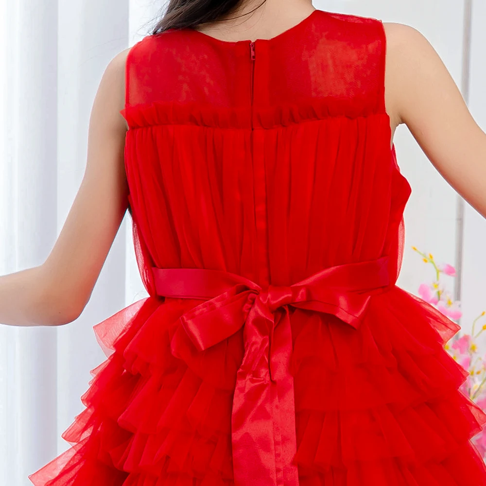 Teen Girls Christmas Party Tutu Dresses Kids Fancy Classic Red Christening Costume Girl Lace Birthday Prom Gown Children Clothes