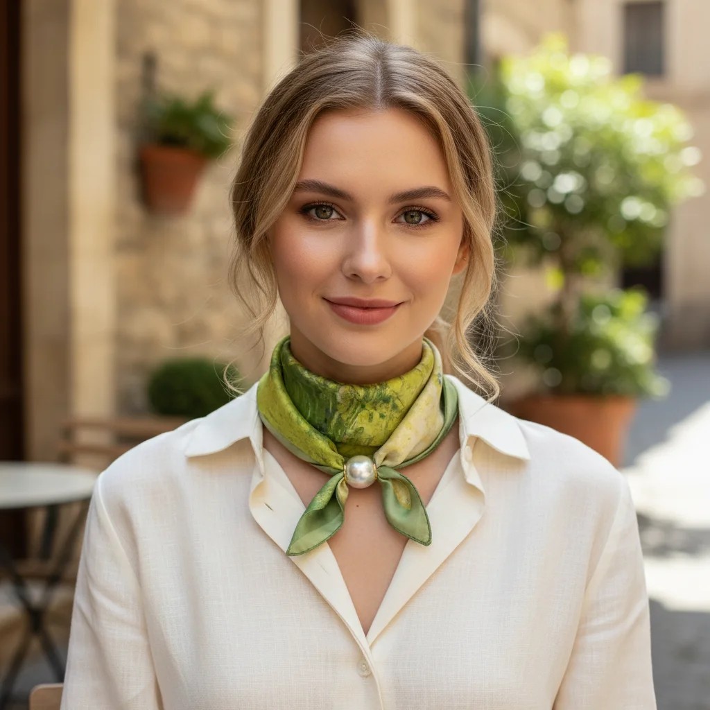 New Pearl Buckle Silk Scarf Printed Soft Neck Scarf Lightweight Thin Neckerchief Women