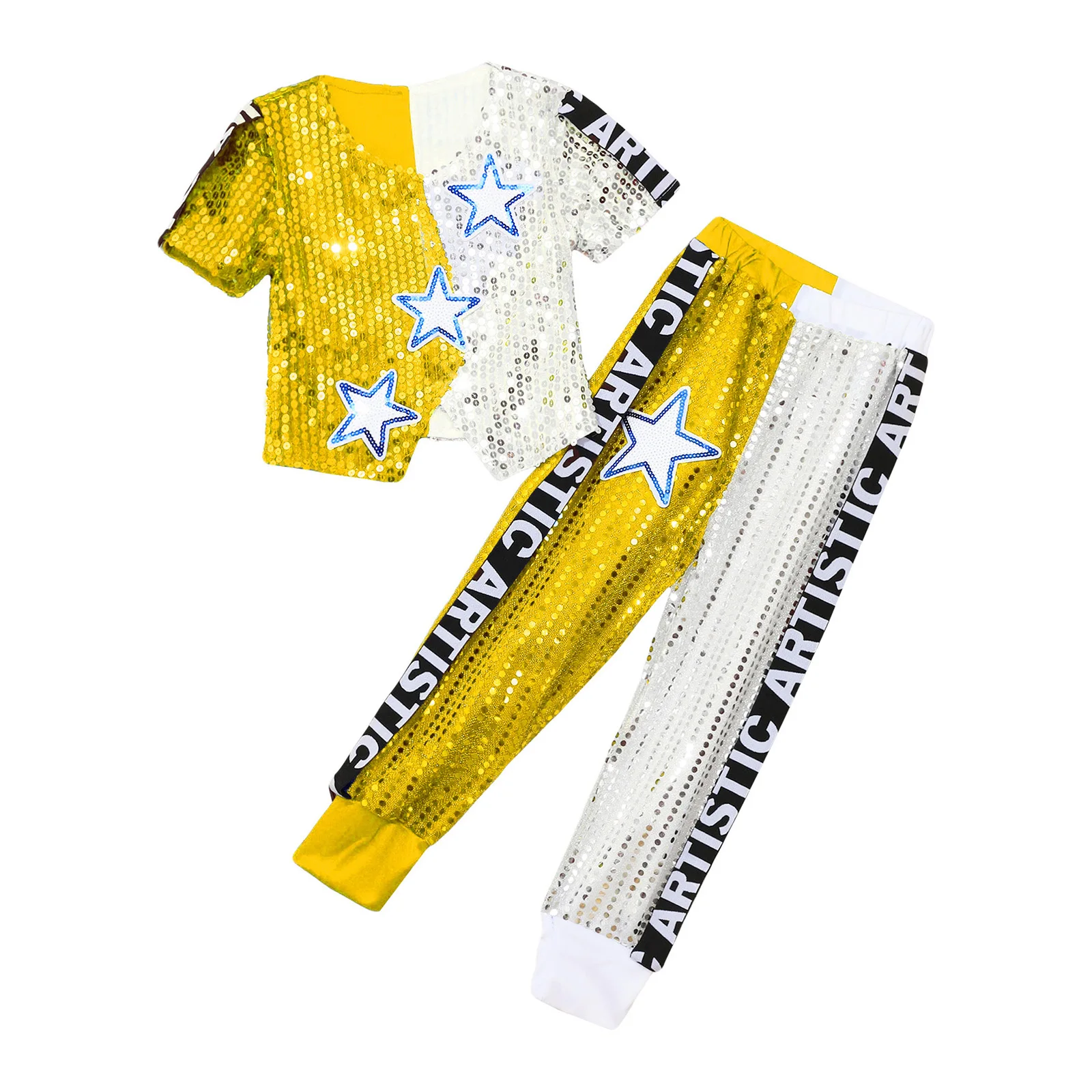 Crianças roupas de dança hip hop meninas meninos lantejoulas brilhantes traje de discoteca estrela de cinco pontas camiseta e calças conjunto de roupas de dança moderna