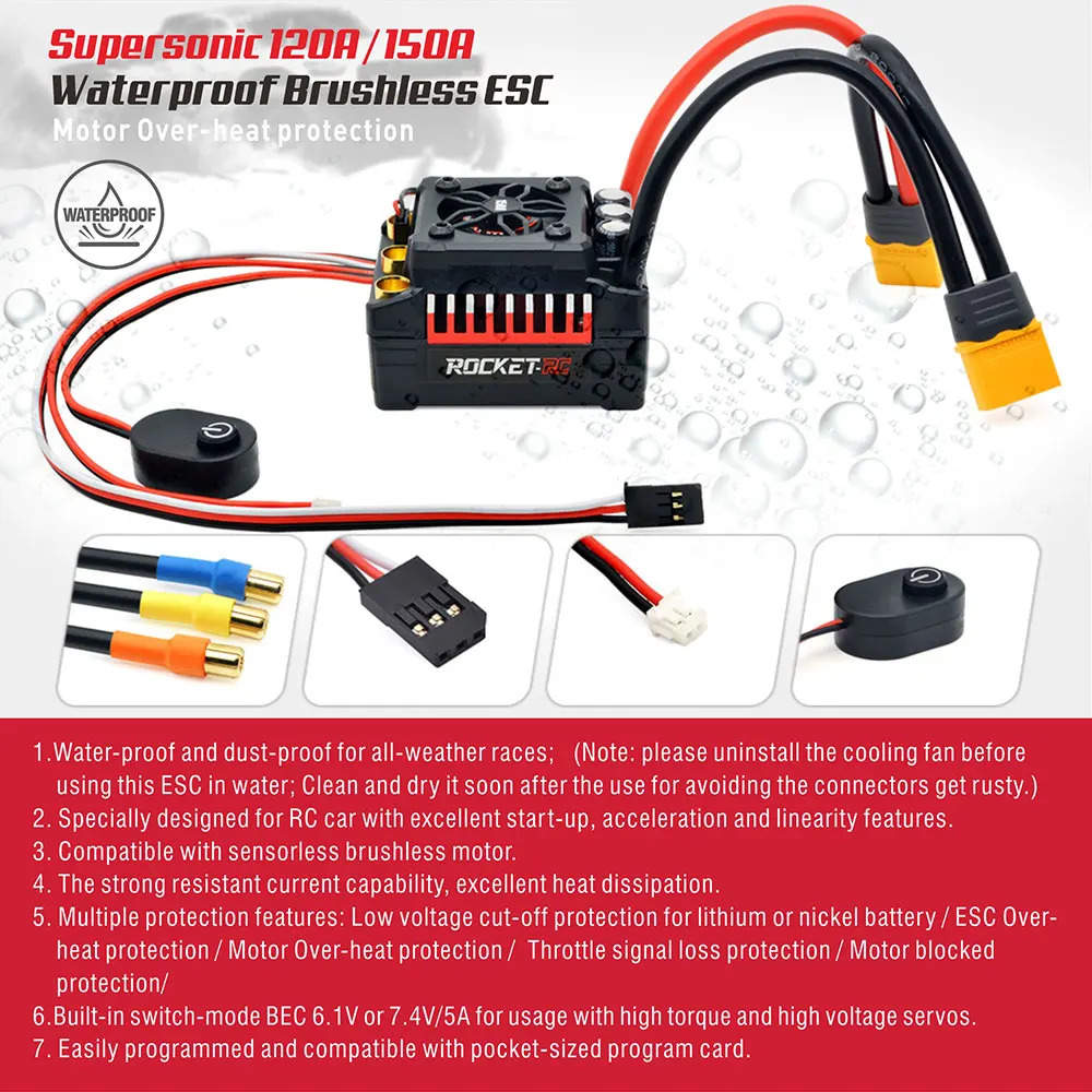 Rocket RC Supersonic V2 45A 60A 80A 100A 120A 150A ESC Waterproof Brushless Speed Controller for 1/8 1/10 1/7 RC Car Parts