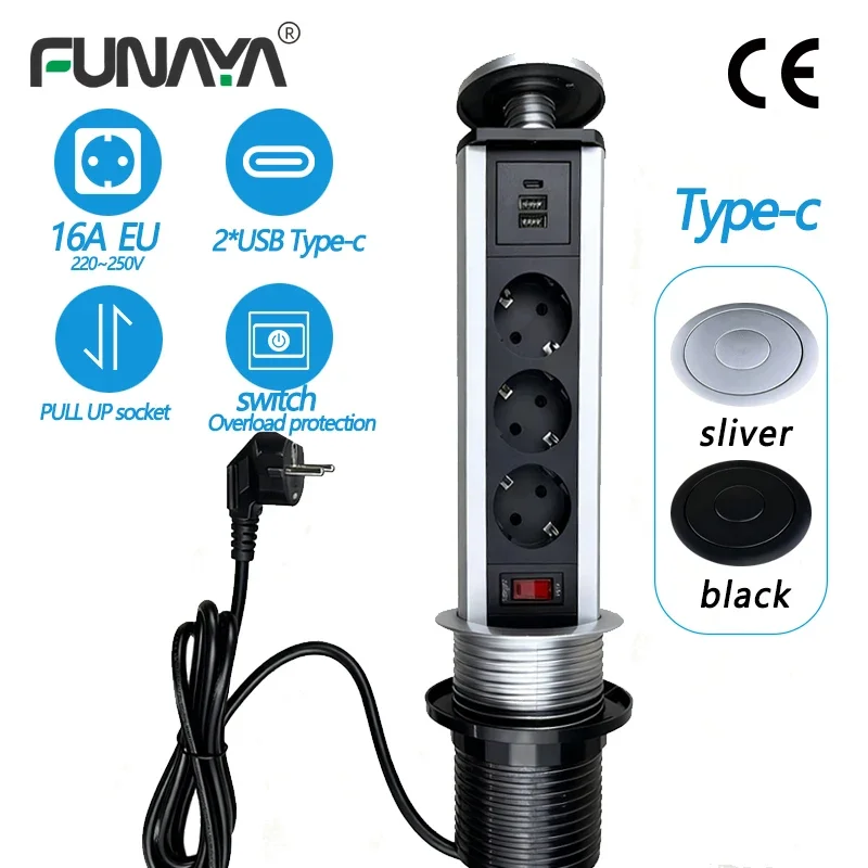 

FUNAYA EU KR 16A POP UP Power PULL Socket with USB Type-c for Kitchen Furniture Table Desktop Retractable Countertops Sockets