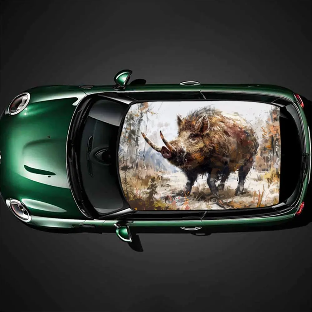 

Fierce Animal Wild Boar Print Car Roof Sticker Wrap Racing SUV Auto Accessories Packaging PVC Car Hood Graphic Decal Decoration