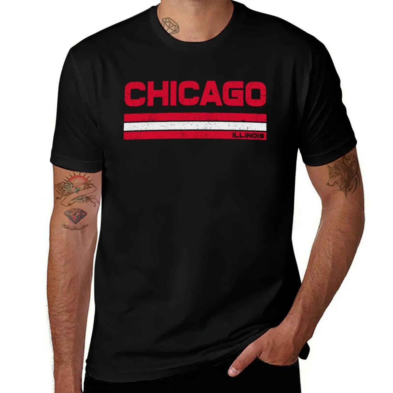 

Vintage Chicago Hockey Basketball Retro Stripe T-Shirt anime t shirts for man man t shirt heavy cotton T-shirt