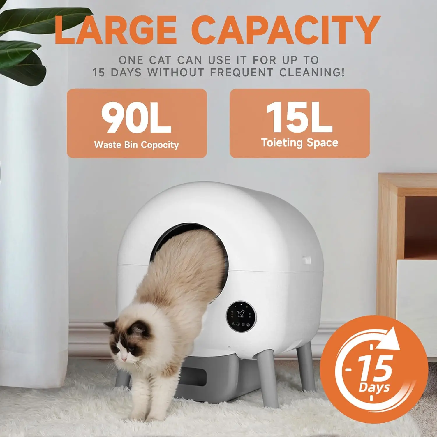 About this item Large Capacity: This self-cleaning cat litter box boasts a 90-liter roller capacity, perfectly suited for cats f