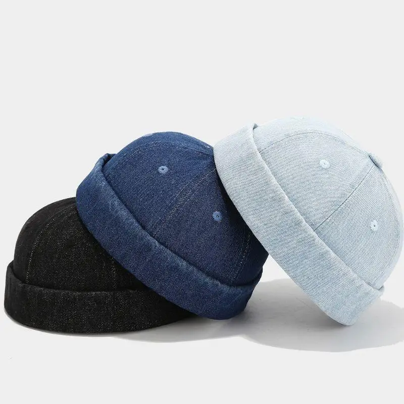 

Men Denim Solid Color Landlord Caps Spring And Summer Melon Skin Hats Literary Painter Cap Hip Hop Caps Brimless Hat Docker Cap