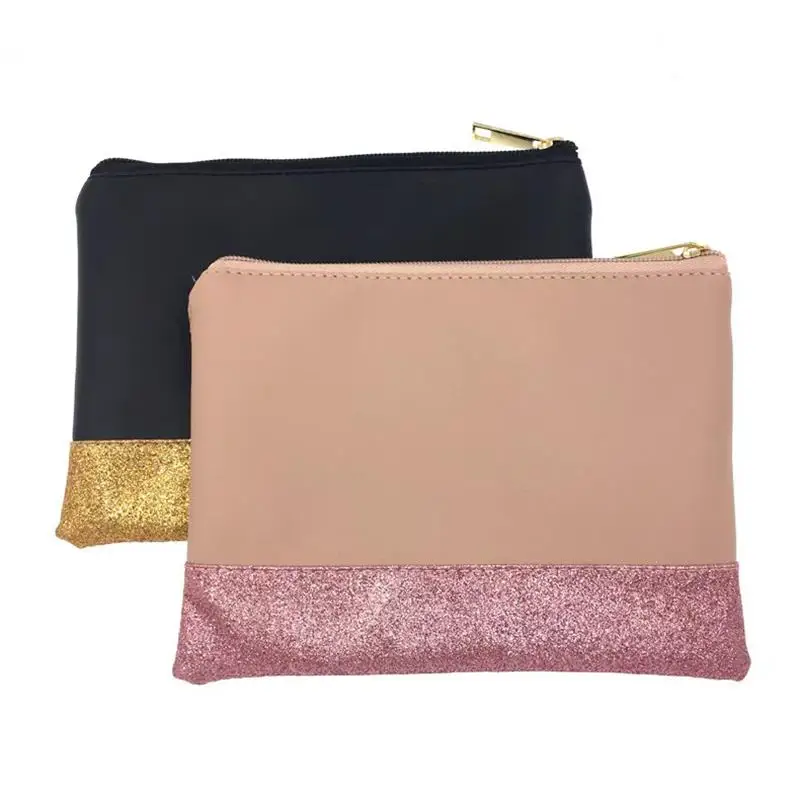 50Pcs/Lot High quality Glitter Cosmetic Bag Wholesale Blanks Shining PU Clutch 2 Colors Makeup Bag 20cmx14cm