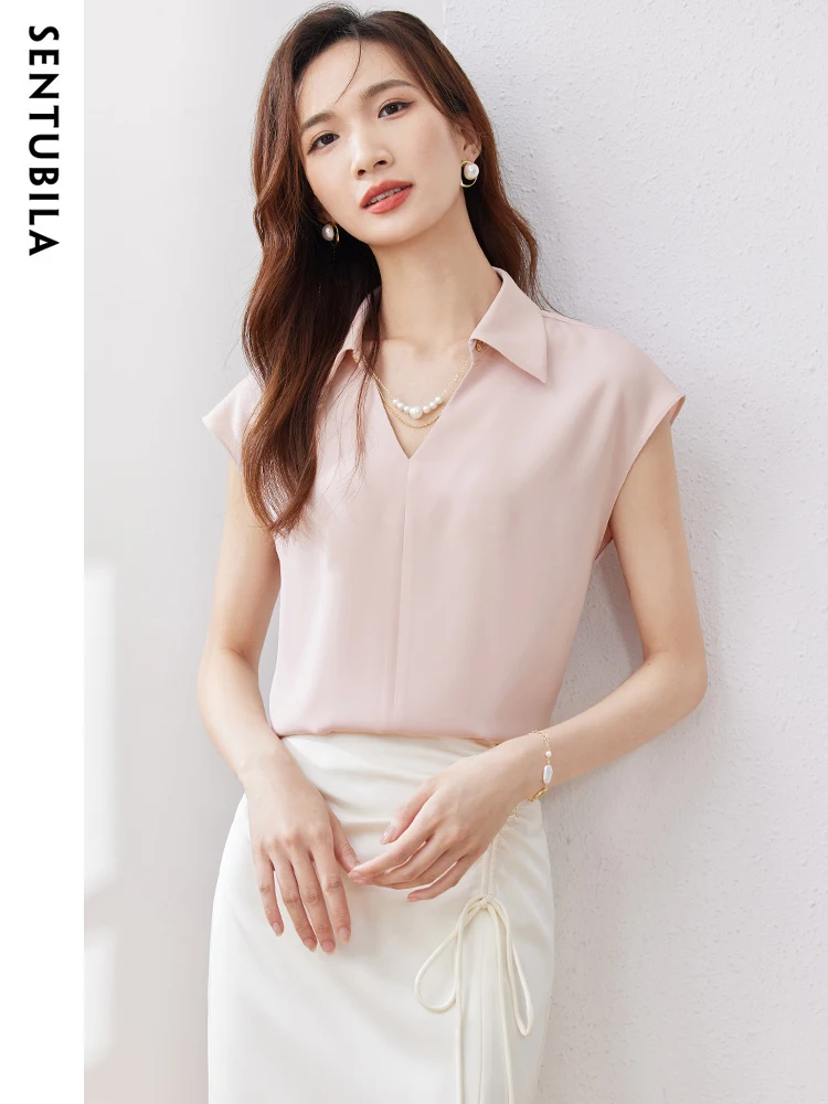 SENTUBILA Office Lady Chiffon Blouse 2024 Summer Turn-Down Collar Solid Sleeveless Shirt Top Woman Shirts & Blouses 132V49689