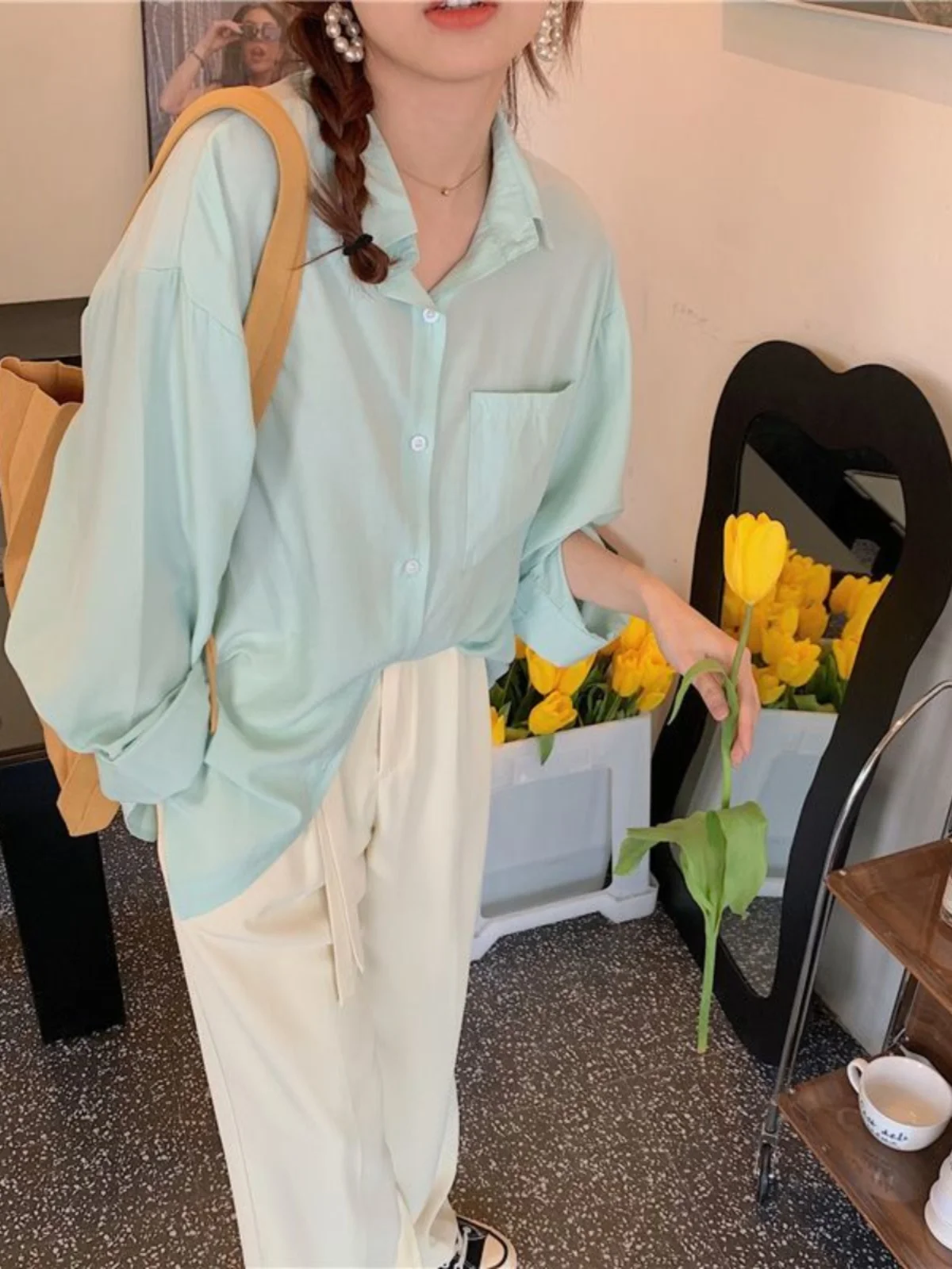 

Loose Long Sleeve Women's Casual Shirt Spring Autumn Mint Green Fashionable New Style Open Cardigan Sunscreen Top Collar