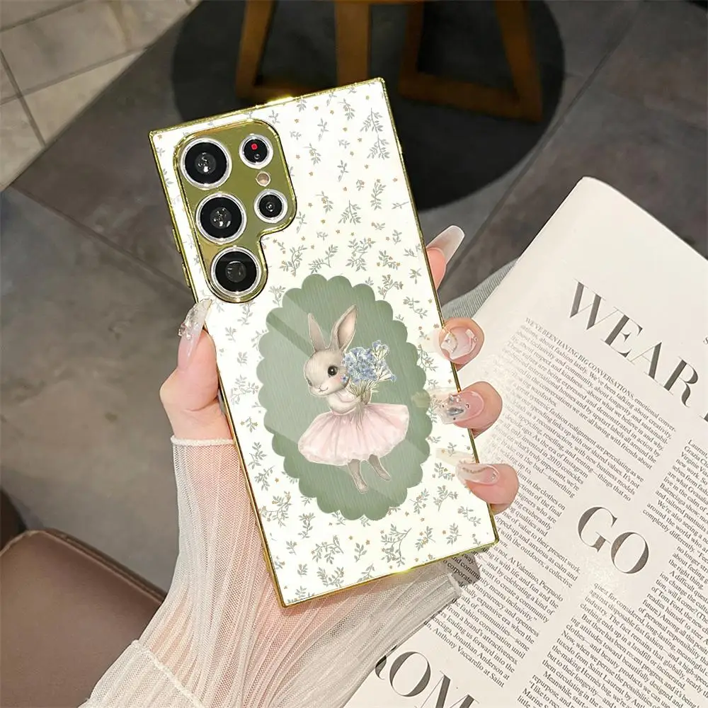 Cute Green Wildflower Animals Phone Case For Samsung Galaxy S25 S24 S23 Ultra Phone Cover Electroplated Metal Frame Case