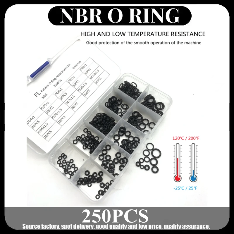 250Pcs/Box Black Rubber O Ring Assortment Washer Gaskets Sealing O-Ring Kit 10 Sizes With Plastic Box Rubber Plug Silicone Rings