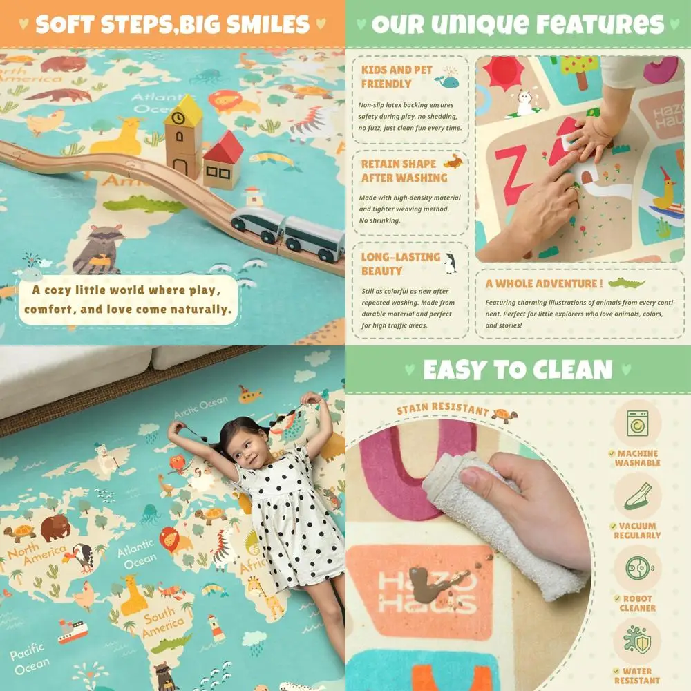 

Washable Kids Playroom Rug – 5x7 Play Rug for Preschool Toddlers, Baby Girls, Educational with Cute Animals – Non-Slip, Stain Re