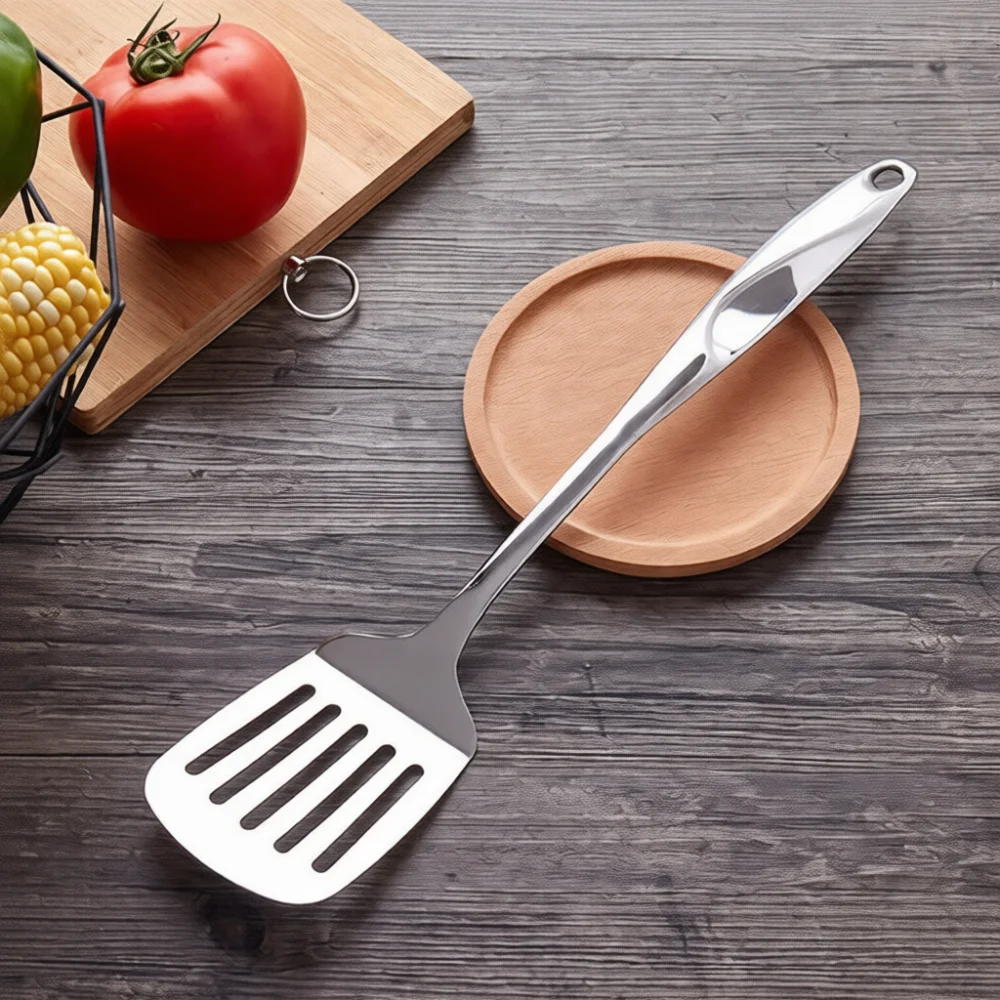 Edelstahl-Küchenutensilien-Set mit ergonomischem Hohlgriff, hitzebeständigem Spatel, Schöpfkelle und Nudelserver.