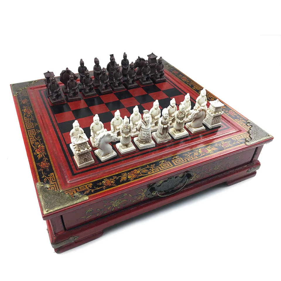 Wooden Chess Set Terra Cotta Warriors or Manchu troops International Chess Game Resin Chess Pieces Wooden Cassette Chessboard 57