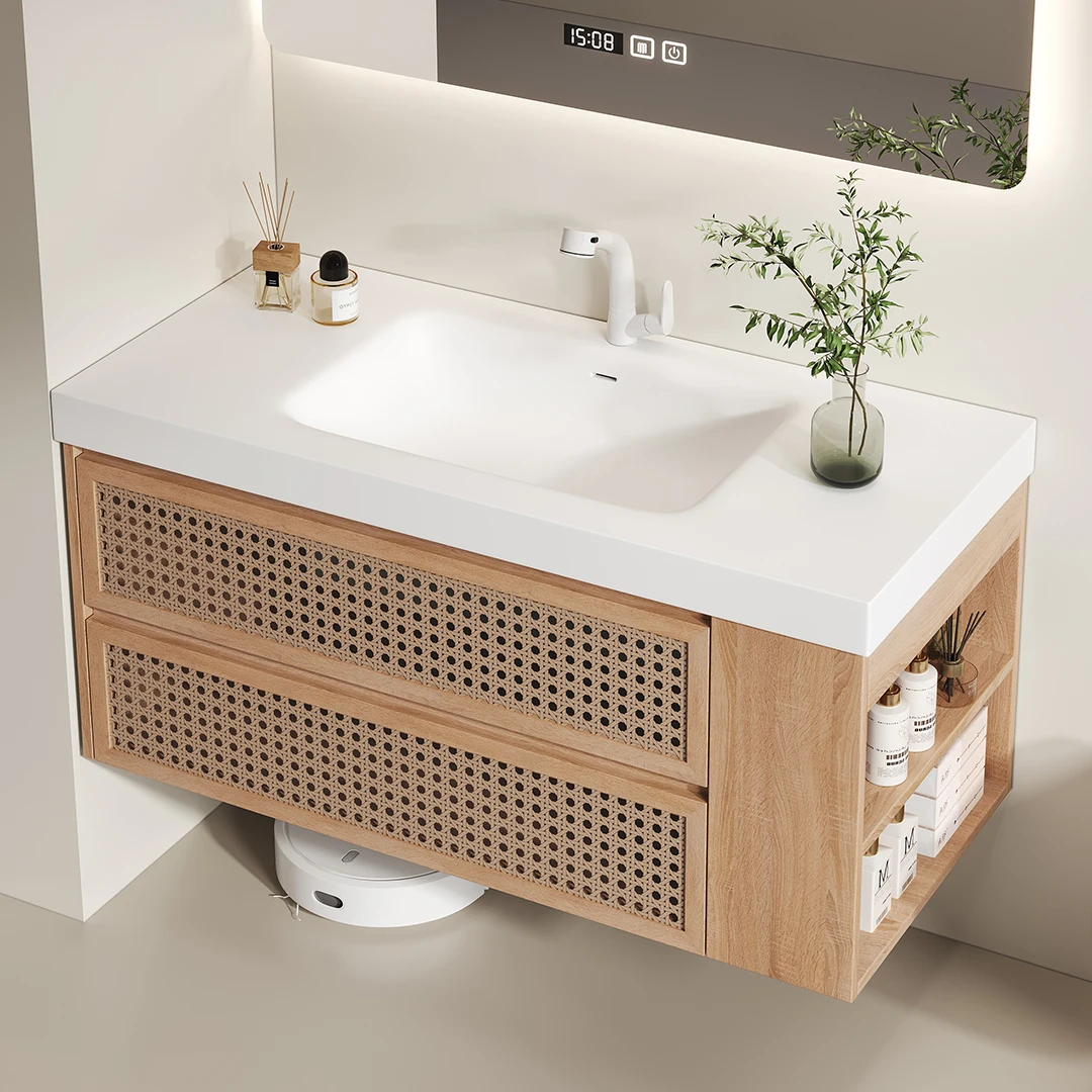 Rattan Weaving Bathroom Cabinet Integrated Japanese Style Washbasin Bathroom Cabinet Natural Wood Rock Board Seamless YX50BC