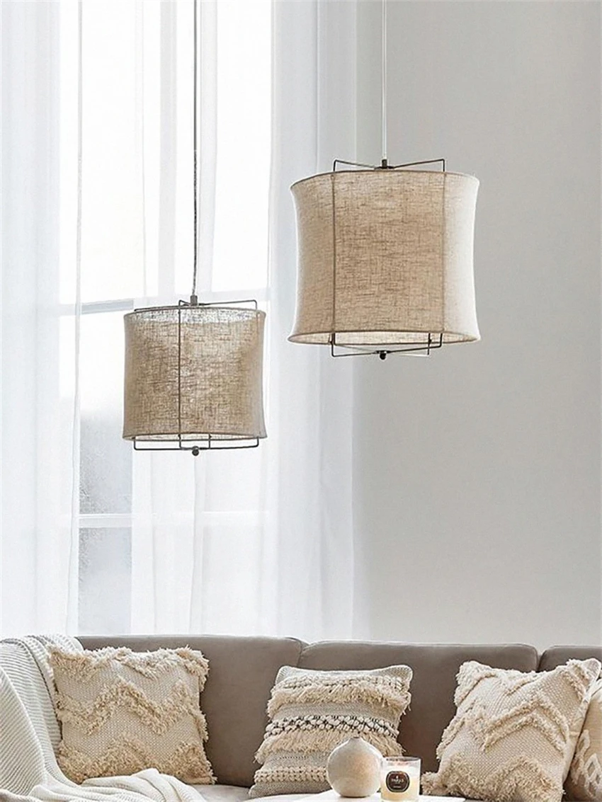 Wabi-sabi cloth shade lanterns pendant lights dining rooms bar counters bedrooms Japanese retro linen pendant lamps lighting