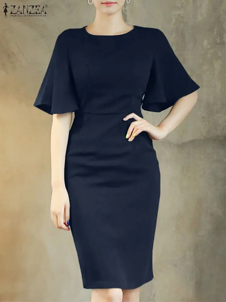 ZANZEA Elegant Office Lady Sheath Dress Women Fashion Ruffle Sleeve O-neck Cinched Waist Short Vestidos OL Sexy Tight Dresses