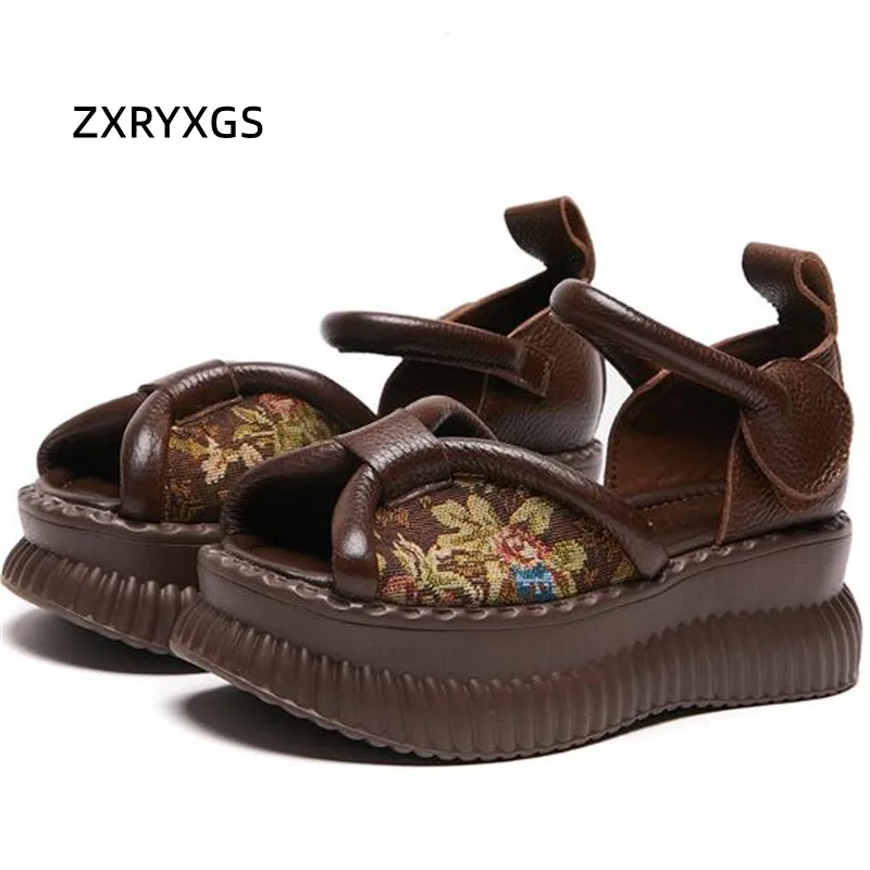 ZXRYXGS High-end Top Cowhide Embroidery Sandals Fashion Shoes 2025 New Summer Open Toe Women Wedges Sandals Increased Shoes