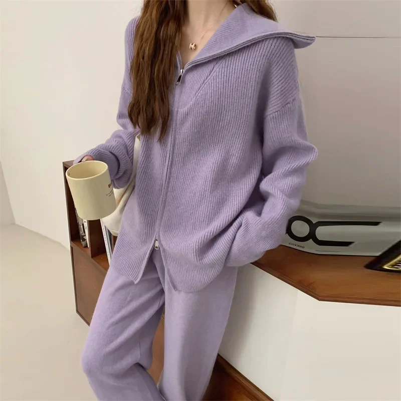 Women Two Piece Set Vintage Knit Sweater Cardigan Zipper Full Sleeve Casual Wide Leg Pants High Waist Elegant Autumn Winter