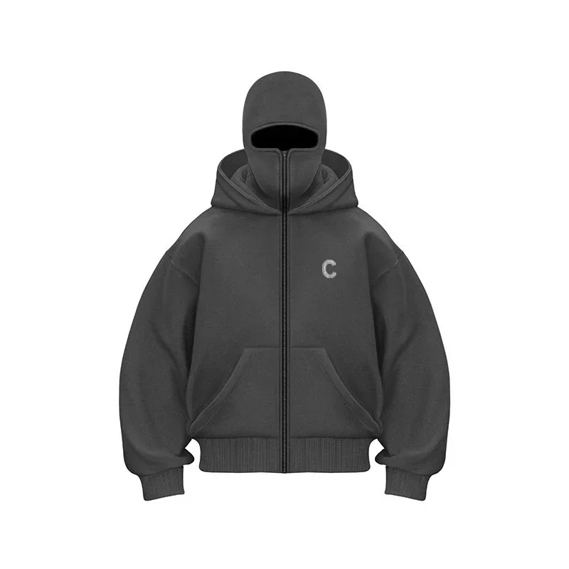 Y2K Gothic Harajuku Double Hat Design Sportswear Winter New Hoodie Ninja Mask Loose and Versatile Winter Windproof Hoodie