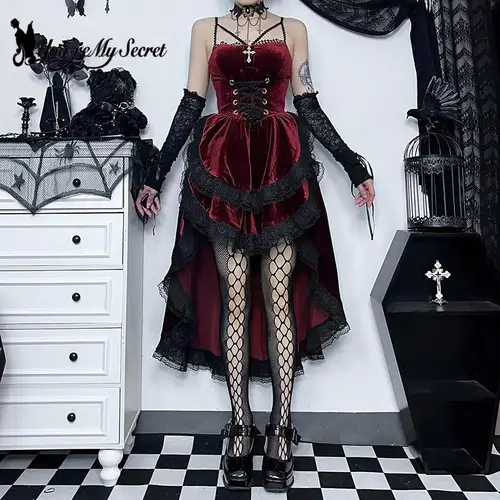 Imagen 2 del producto [Eres mi secreto] vestido gótico de mujer con vuelo alto y bajo Vintage gótico encaje ahumado cintura elástica plisado vestidos ceñidos fluidos