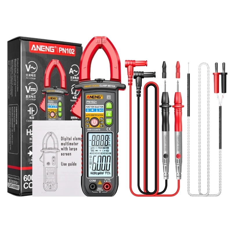 Digital Clamp Meter TRMS 6000counts, 600A AC-Current AC-DC NCV- Continuity Capacitance Resistance Test