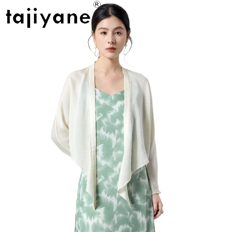 

TAJIYANE 14MM 100% Mulberry Silk Cardigan Woman Beige V-neck Open Front Shirts Sun Protection Summer Tops 2026 Women Clothes 셔츠
