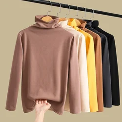 YSZWDBLX Women T-shirt Long Sleeve Turtleneck Soft Warm Velvet Bottoming Shirt Autumn Winter Inner Slim Korean Fashion Tshirts