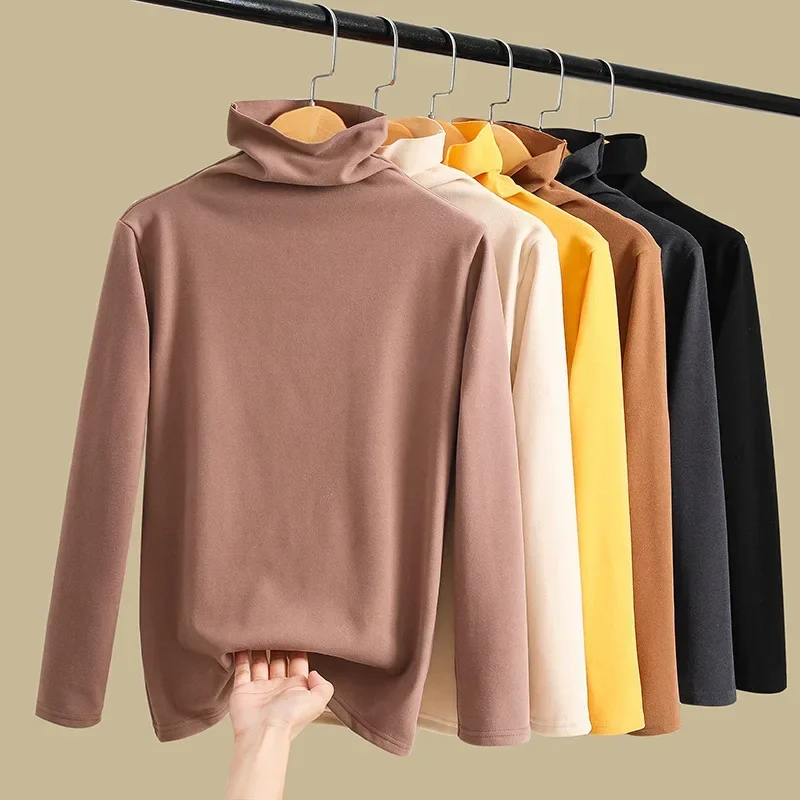 YSZWDBLX Women T-shirt Long Sleeve Turtleneck Soft Warm Velvet Bottoming Shirt Autumn Winter Inner Slim Korean Fashion Tshirts