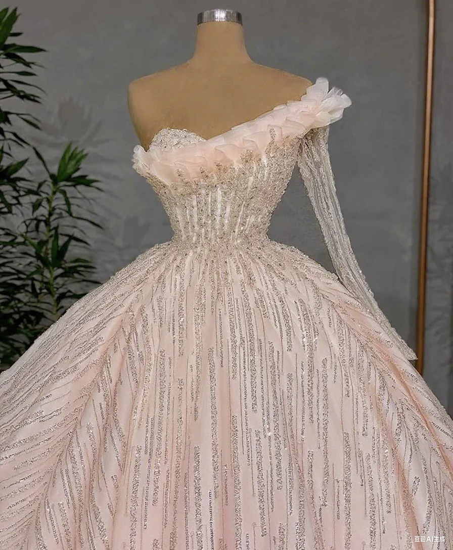 Elegantes Ballkleid-Hochzeitskleid mit Pailletten, Rüschen, Brautkleider, eine Schulter, lange Ärmel, Sweep-Zug-Kleider, individuelle Vestidos