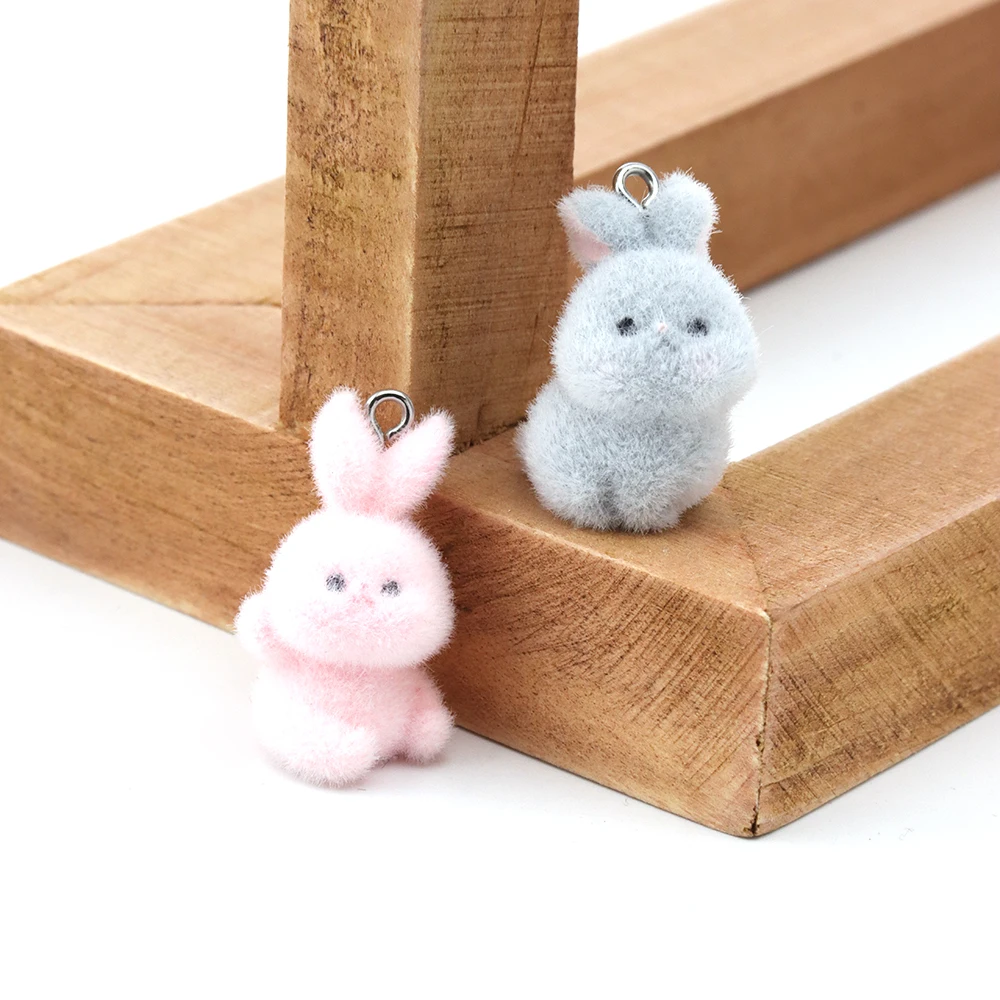 20pcs 3D Cute Rabbit Flocking Charms Cartoon Animal Pendants for Handmade Keychain Accessories DIY Crafts Jewelry Making