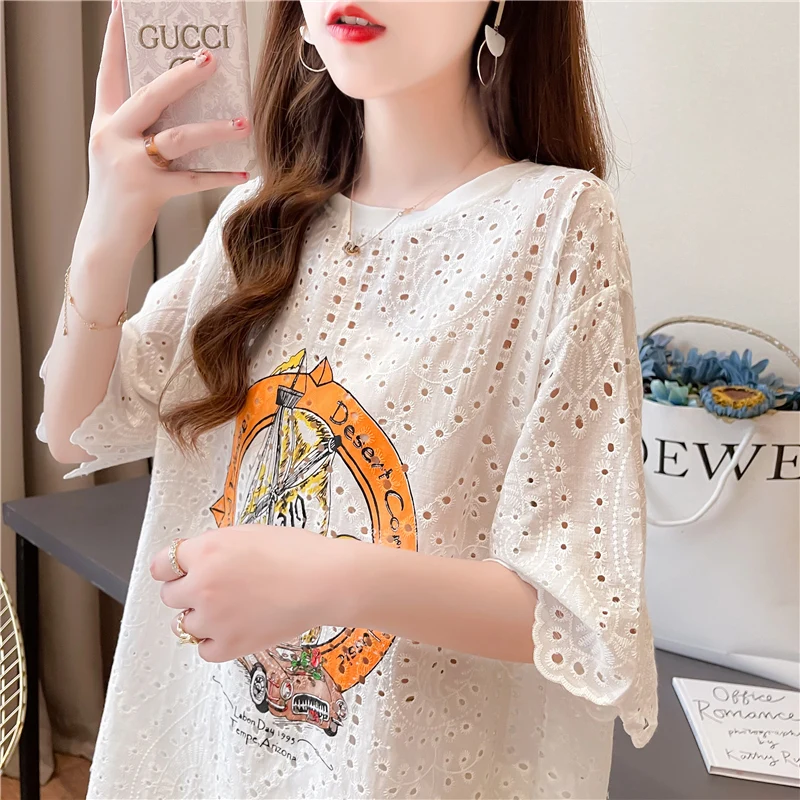 Fashion T-shirt Women 2024 Summer Large Size Loose Short Sleeve Tshirt Printed Lace Stitching Hollow T Shirt Womens Casual Tops