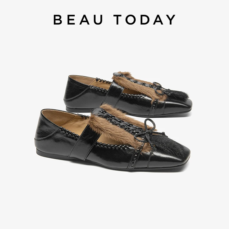 BEAUTODAY Mary Janes Flat Women Genuine Cow Leather Square Toe T-Strap Fur Trim Ladies Fashion Shoes Handmade 28736