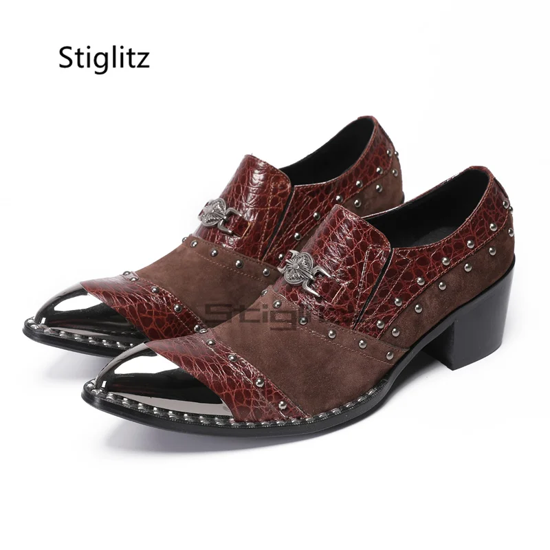 Metal Buckle High Heeled Men's Dress Shoes Genuine Leather Iron Toe Rivet Shoes Slip On Leather Formal Party Dress Shoes for Men