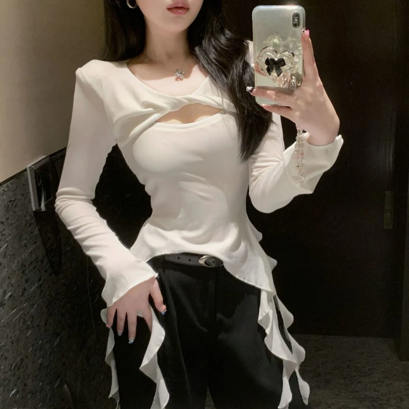 Design Twisted Fork Hollow Out Irregular Ribbon Slim Fit and Long Repair T-shirt for Women Versatile and Slimming Style Top