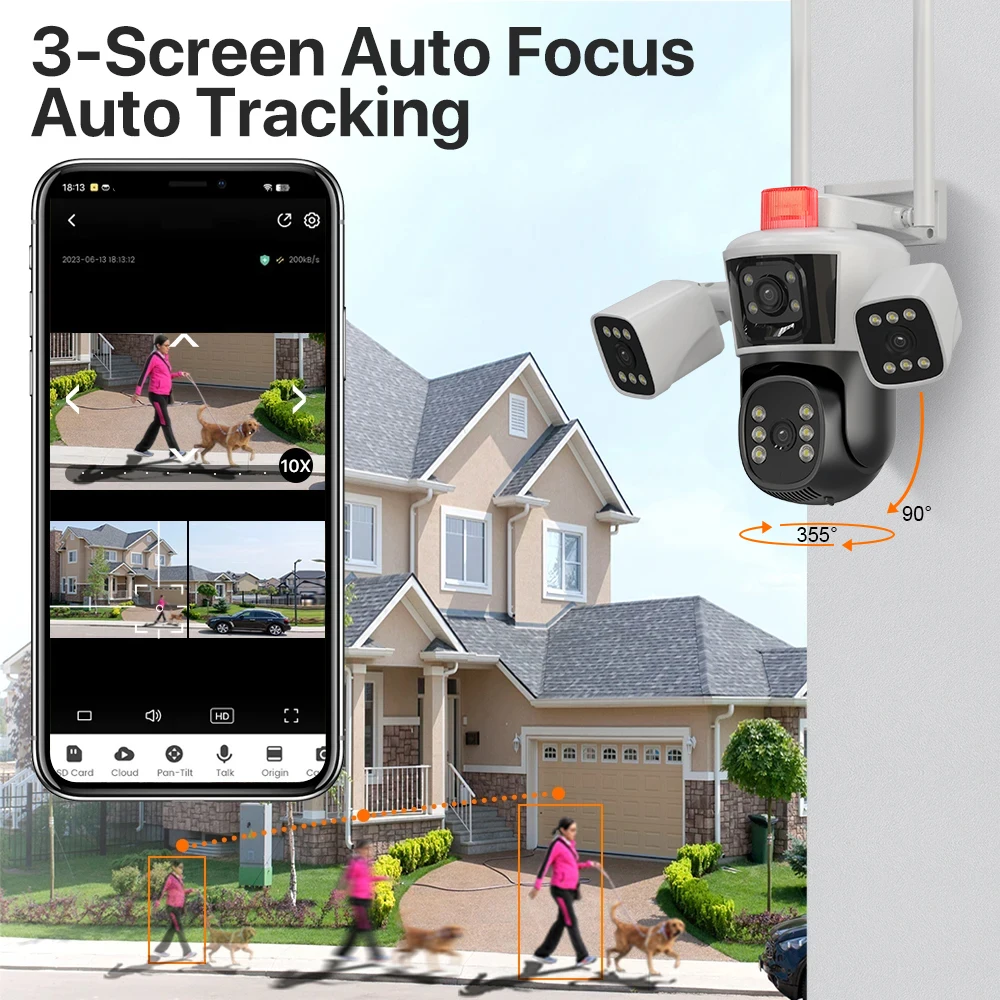 SANSCO 6K 12MP Three Lens WIFI PTZ Camera Three Screen Auto Tracking Outdoor 6MP Security Surveillance IP Camera IPC360 Home