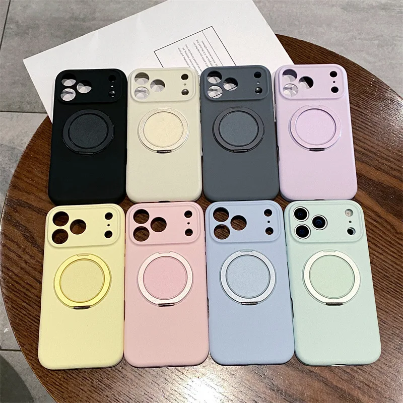 Custodia magnetica per telefono con supporto ad anello in colori solidi in silicone liquido di lusso per iPhone 17 Air 16 15 14 13 12 Pro Max Cover antiurto