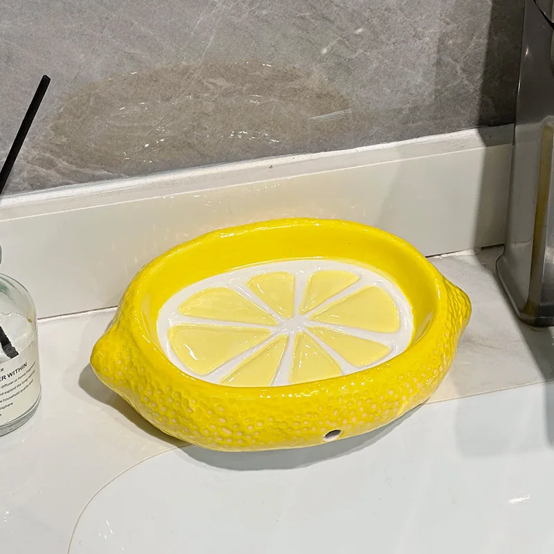 [Lemon Ceramic Soap Dish] 1pc Lemon Shape Ceramic Soap Dish With Drain Function, No Drilling Required For Installation