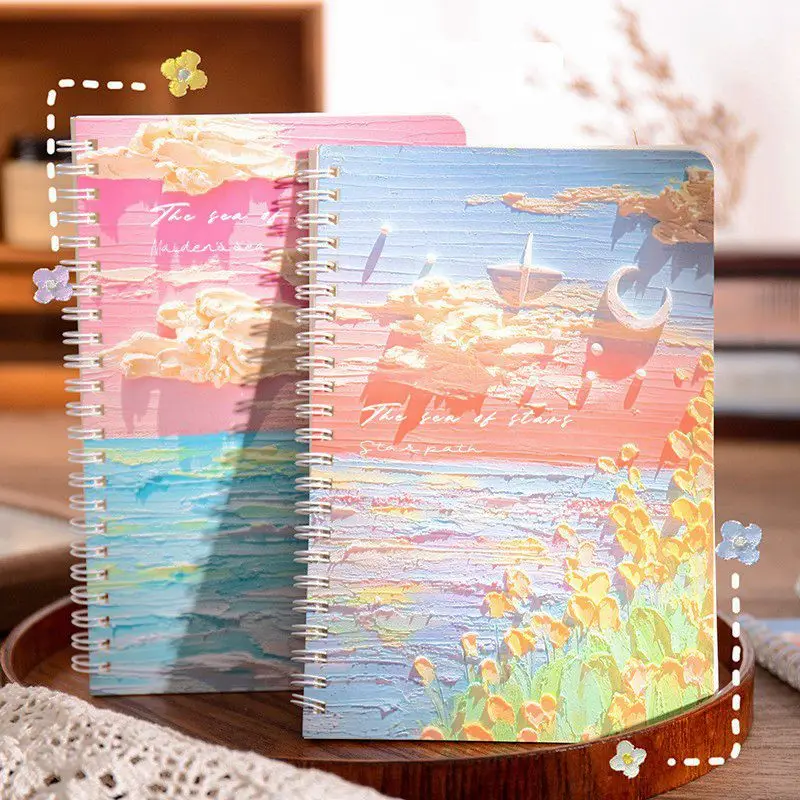 Cute Spiral Notebook A5 Students Exercise Book 60 Sheets Oil Painting Cover Kawaii Planner Notepad School Supplies Stationery