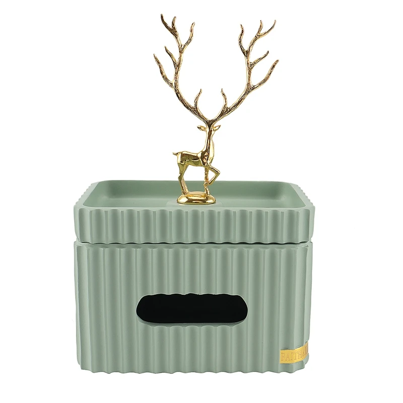 Golden Deer Rectangular Tissue Box Resin Striped Storage Tissue Canister Living Room Desktop Home Decor