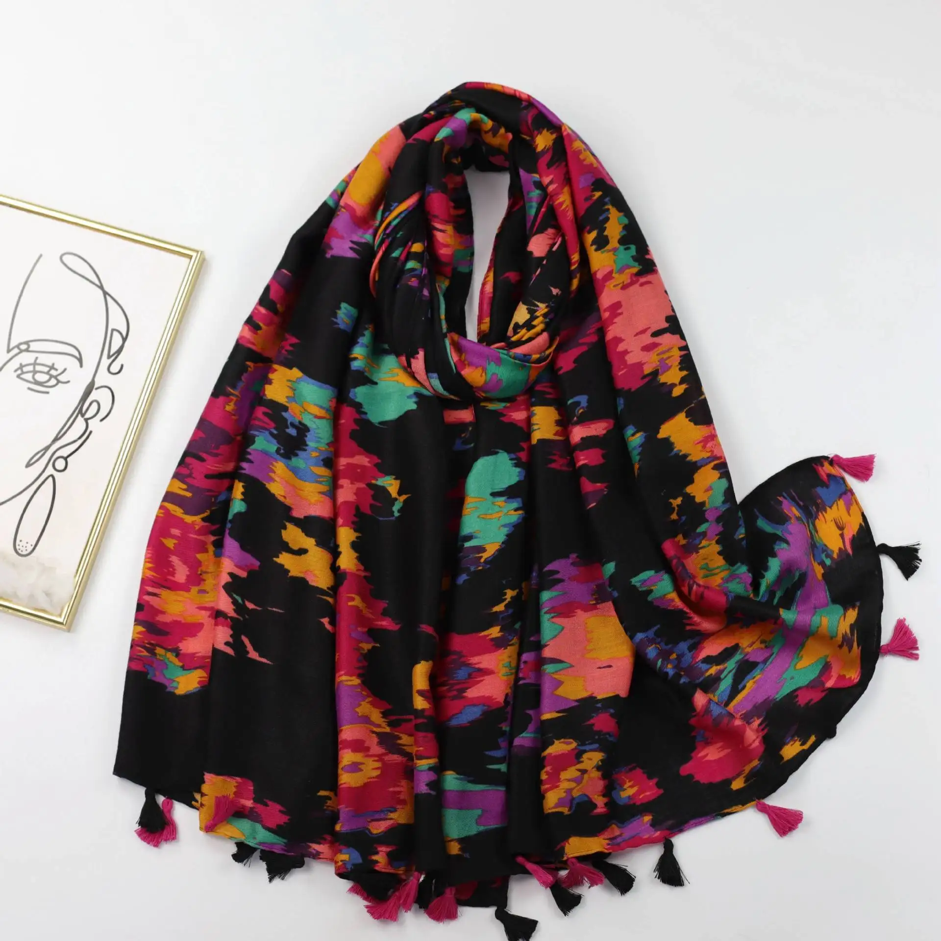 

2023 New Cotton Abstract Color Print Tassel Scarf Shawls Long Geometry Pattern Scarves Hijab Wrap Free Shipping