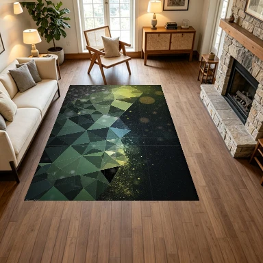 Dark Green Low-Poly Geometric Mountain Carpet Floor Decoration Abstract Triangular Art Non-Slip Carpet with Golden Bokeh Decoration