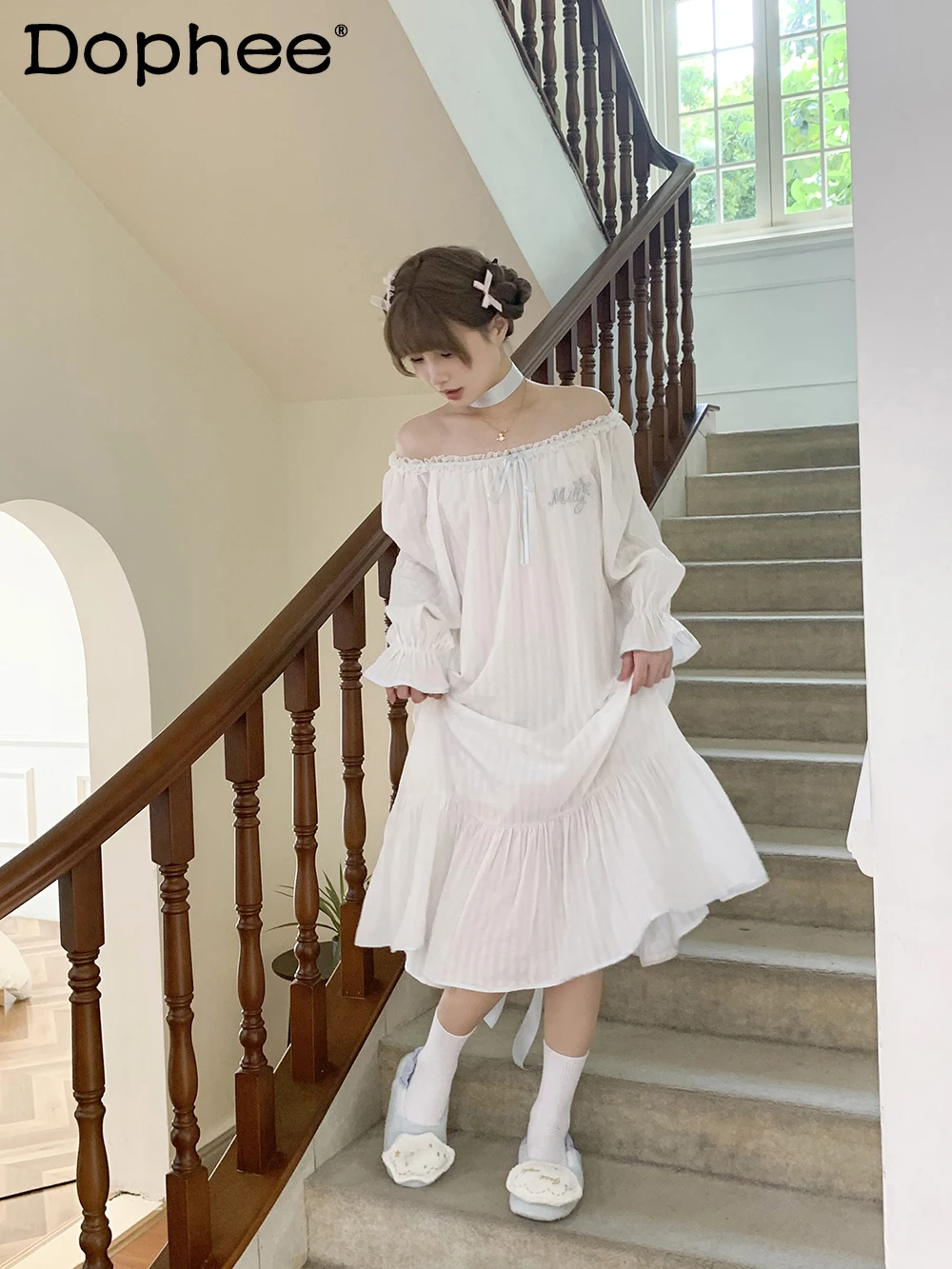 

Sweet Court Style Pure Cotton French Long-sleeved Nightdress Casual Loose Comfortable Skin-friendly Outdoor Loungewear Women